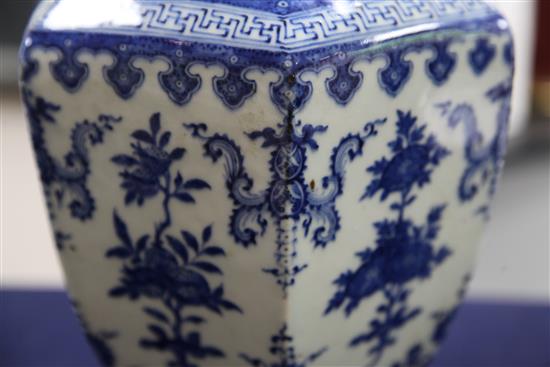 A pair of Chinese blue and white hexagonal baluster vases,